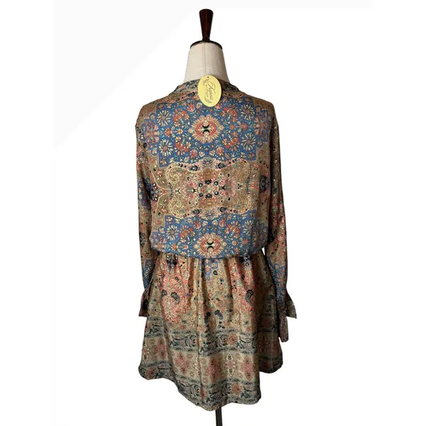 Paani Mini Dress Women Small‎ Tan Gold Metallic NWT Boho Floral Tassel Festival - Image 3