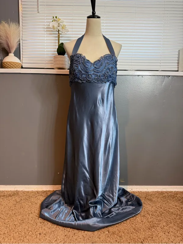 Dave & Johnny Size 12 Blue Satin Beaded Halter Formal Gown Y2K Prom Dress - Image 3
