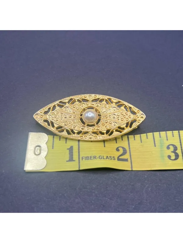 2.5" Gold Tone Evil Eye Brooch Pearl Center Filigree Vintage Style - Image 7