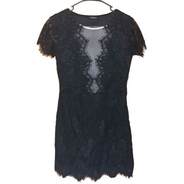 Storia Buckle Elegant Black Lace Sheer Deep V-neck Mini Dress Medium #205 - Image 3