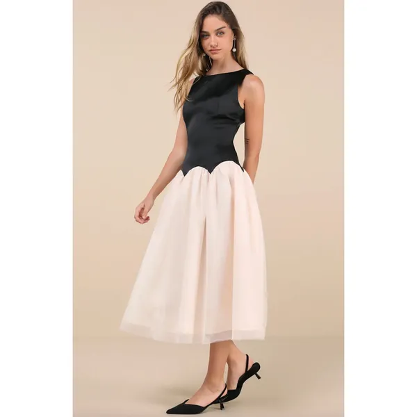 Lulus Contemporary Elegance Black and Cream Satin Tulle Midi Dress Large NWT - Image 3