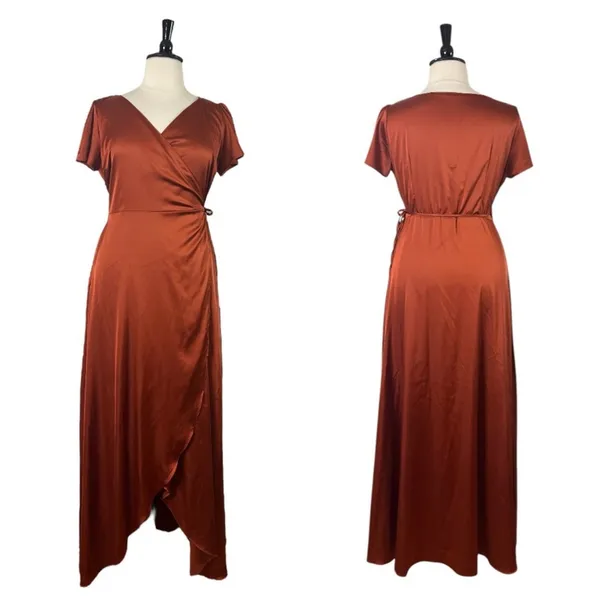 Baltic Born Maxi Wrap Dress Short Sleeve Burnt Orange Satin Women’s Size XXL - Image 13