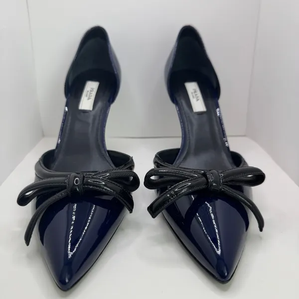 Prada Vintage 2000s Navy Patent Leather Bow D’Orsay Heels Italy 38 New with Box - Image 4