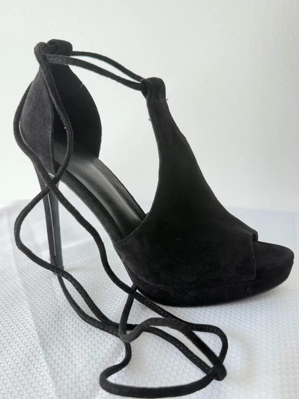 Black Suede Lace-Up Peep Toe Stilettos - Image 2