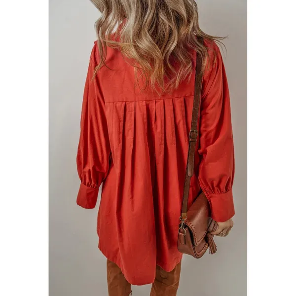 Aura Oversized Shirt Dress Large Rust Red Linen Cotton‎ Pleated Boho Tunic - Image 2