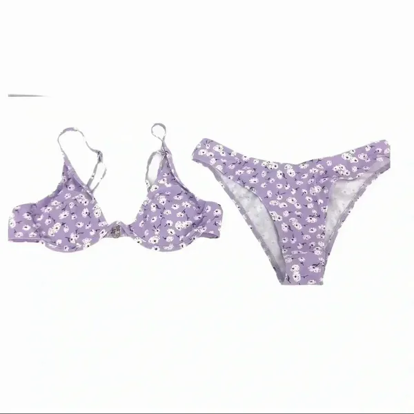 Floral Lilac Two Piece Deep Plunge Bikini Top High Waisted Bottoms Womens Medium - Image 2