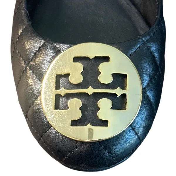 Tory Burch Claire Quilted Block Heel Pumps Black Gold Logo Leather Size 8 - Image 9