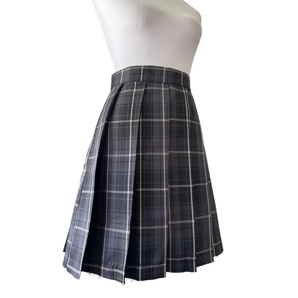 Current Mood Gray, Black & White Plaid Knee Length Skirt w/ Unfinished Hem - Image 6
