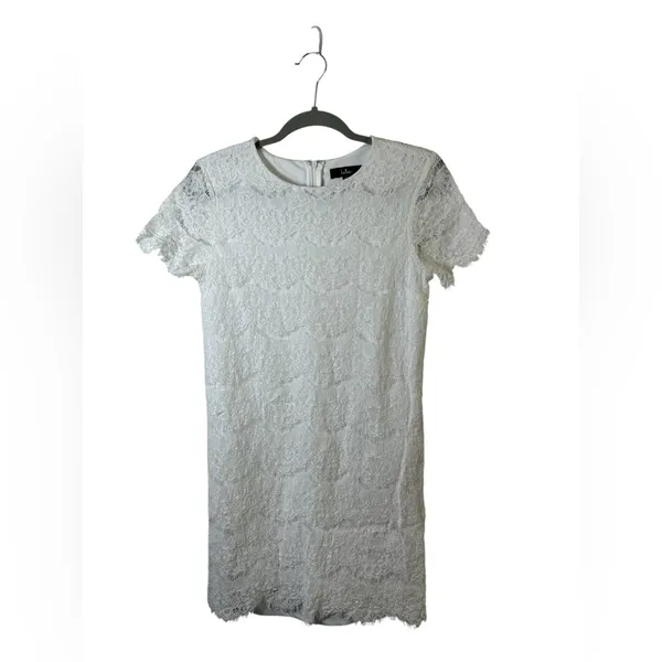 Lulus White Floral Lace Short Sleeve Mini Shift Dress‎ Size Small Bridal - Image 4