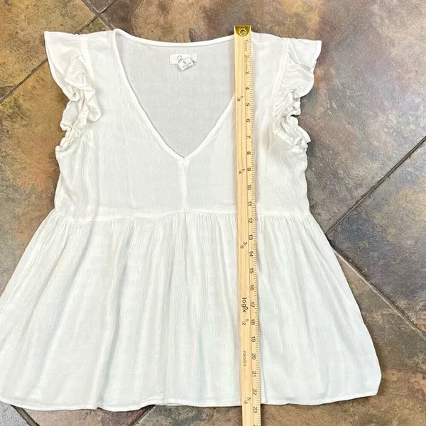 Japna 100% Viscose White Boho Cap Sleeve V-neck Peasant Top Babydoll Small - Image 6