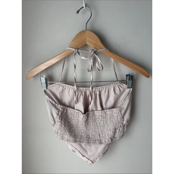 SHEIN Champagne Satin Handkerchief Halter Top Smocked Back Small - Image 3