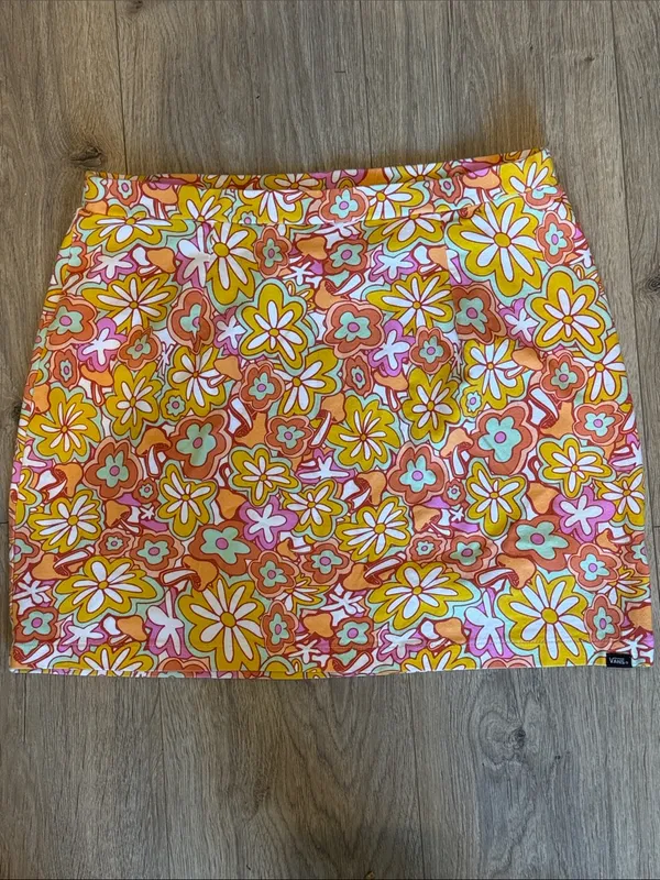 VANS Floral Retro Pull-On Stretch Mini Skirt Size M Mod Skater Y2K Indie 90s - Image 8