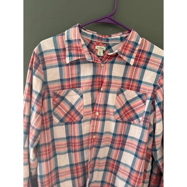 LL Bean Womens XL Pink Blue Plaid Cotton Button Down Shirt Long Sleeve 282506 - Image 3