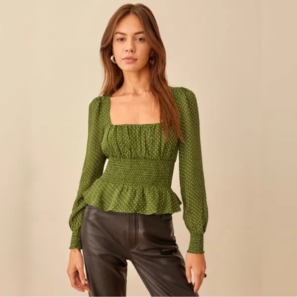Reformation Hearth Green Dotted Smocked Blouse Size 4 - Image 2