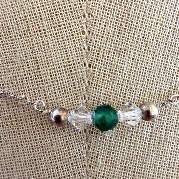 Vintage Sterling Silver Green Stone & Crystal Necklace Emerald Tone Beaded Neck - Image 3