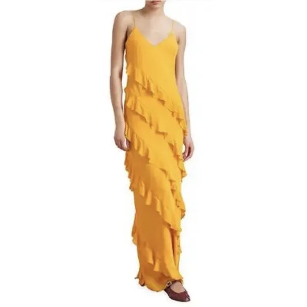 La Ligne Gio Marigold Silk Maxi Dress Ruffle Size Large Sun Tiered Dry Clean - Image 12