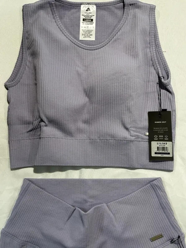 Lilias Active Ribbed Knit Two-Piece Set, Longline Sports Bra and Leggings, Lilac - Image 3