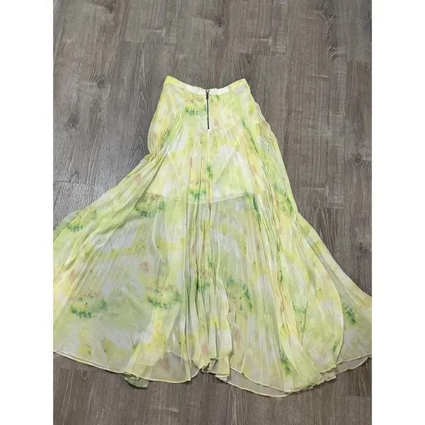 Alice‎ + Olivia Size 2 Shannon Pleated Citrus Yellow Print Overlay Maxi Skirt - Image 9
