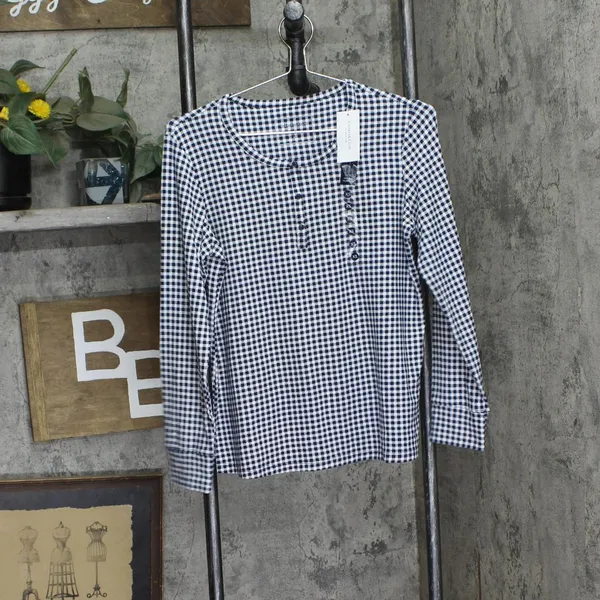 NEW Charter Club Printed Long Sleeve Pajama Sleep Top Gingham Check Blue XS - Image 2