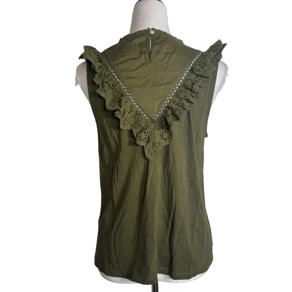 J.Crew Eyelet Lace Ruffle Blouse Tank Small Olive Green Cottage Peasant Boho - Image 4