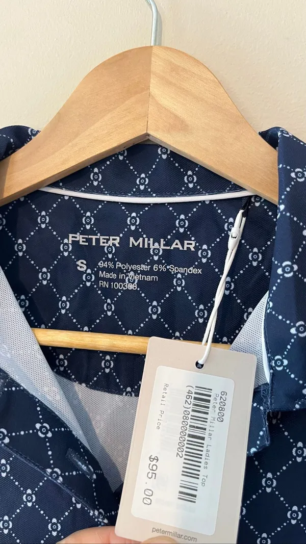 NWT Peter Millar Women’s Small Navy Blue Geometric Sleeveless Golf Polo NCR Logo - Image 5