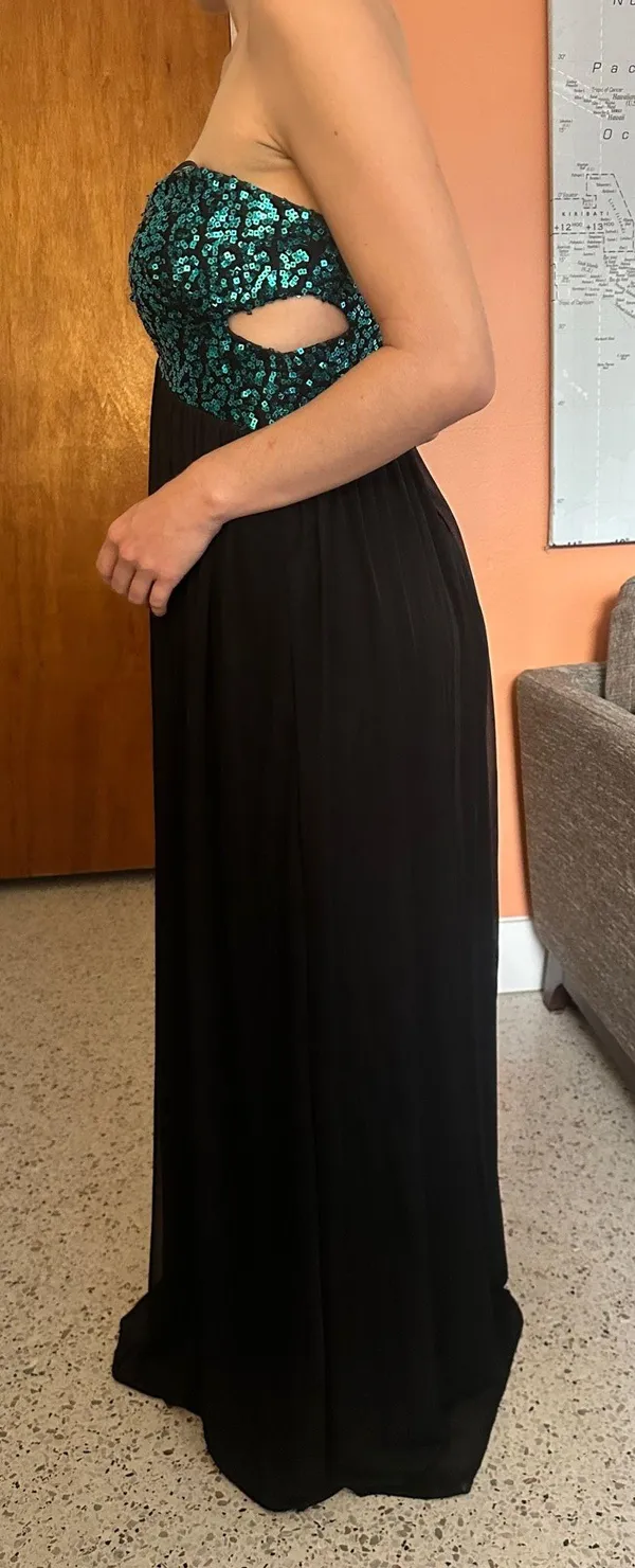 Strapless sequin top floor length gown Blue Size 2 - Image 2