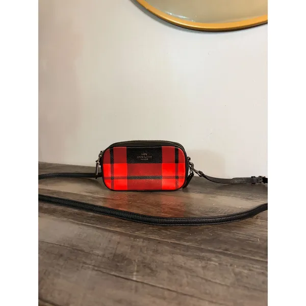 Coach Red Black Buffalo Plaid Pebble Leather Double Zip Crossbody Camera Bag - Image 2