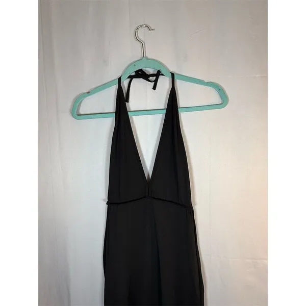 Womens Black Halter Jumpsuit S Deep V Open Back Ruched Straight Leg 28 unbranded - Image 2