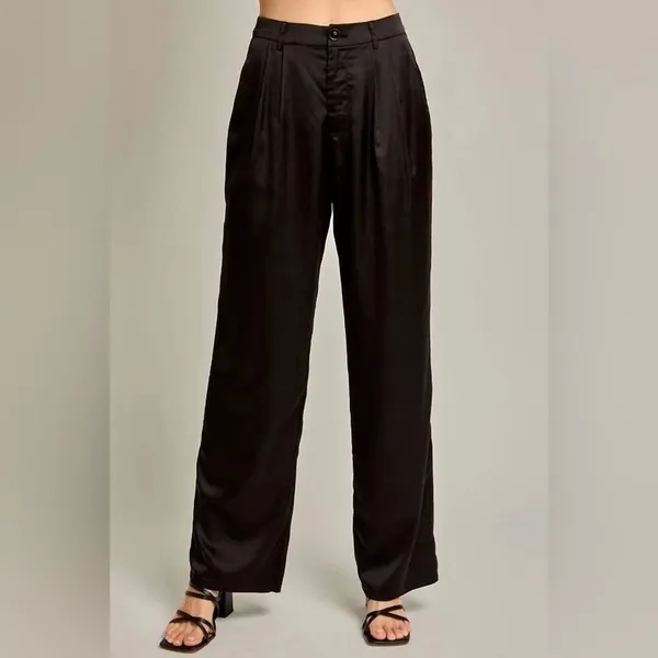 Le Lis Wide Leg Satin Pants High Rise Dress Trousers Black Womens S Going out - Image 2