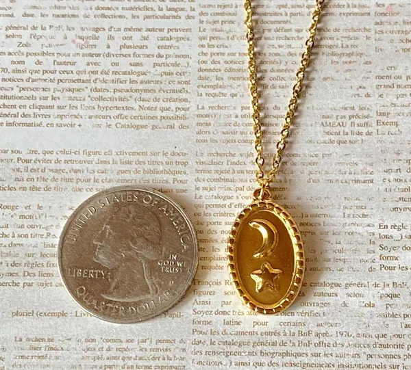 Handmade gold stainless steel celestial whimsical vintage oval moon & star necklace🌟 - Image 8