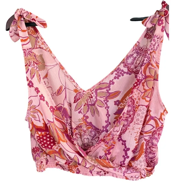 Intimately Free People Pink Floral Paisley Tie Shoulder Smocked Crop Top Medium - Image 4