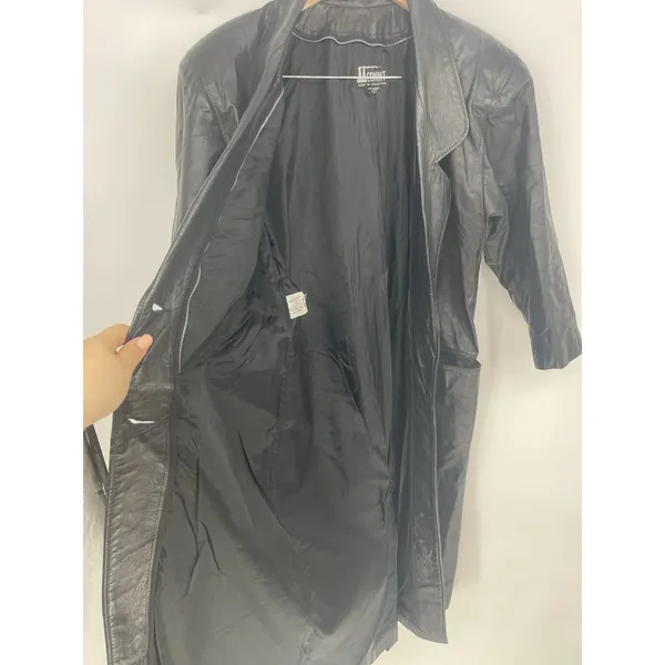 Vtg WOMENS COMINT LONG‎ BLACK LEATHER COAT SIZE Medium - Image 2