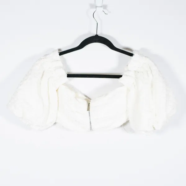 House Of CB Sorelle Woven Tweed Textured Off The Shoulder Crop Top White XS - Image 4
