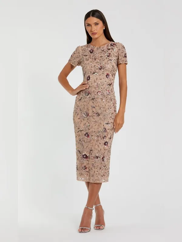 NWT MAC DUGGAL 10102 Beige Floral Embellished Short Sleeve Midi Dress Size 4 - Image 3