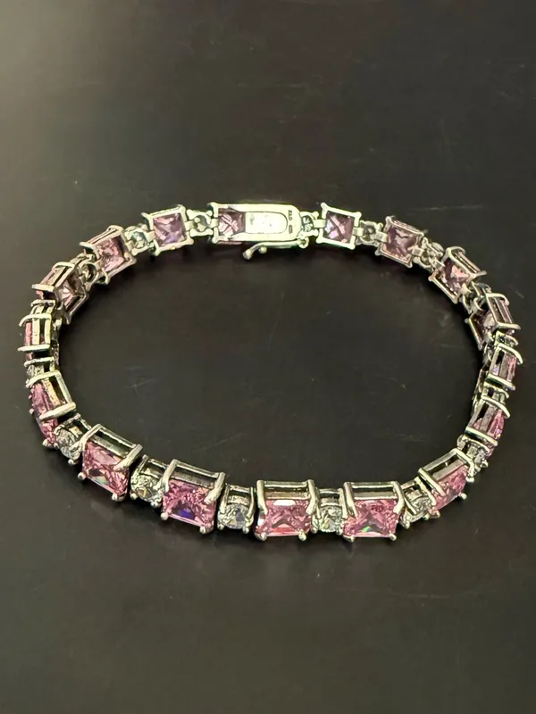 Vintage 925 Sterling Silver Princess Cut Pink CZ & Clear Round Tennis Bracelet - Image 3