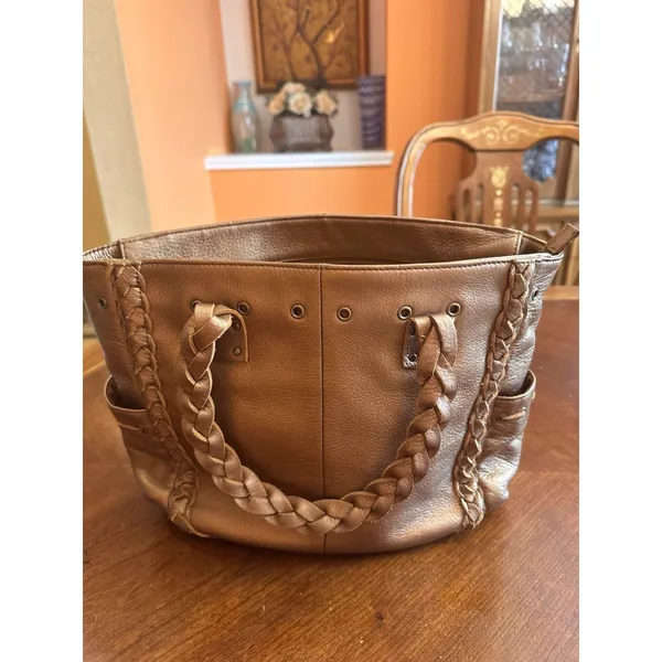 Nordstrom Brown Genuine Leather Tote Shoulder Bag Medium Boho Braided Trim - Image 4