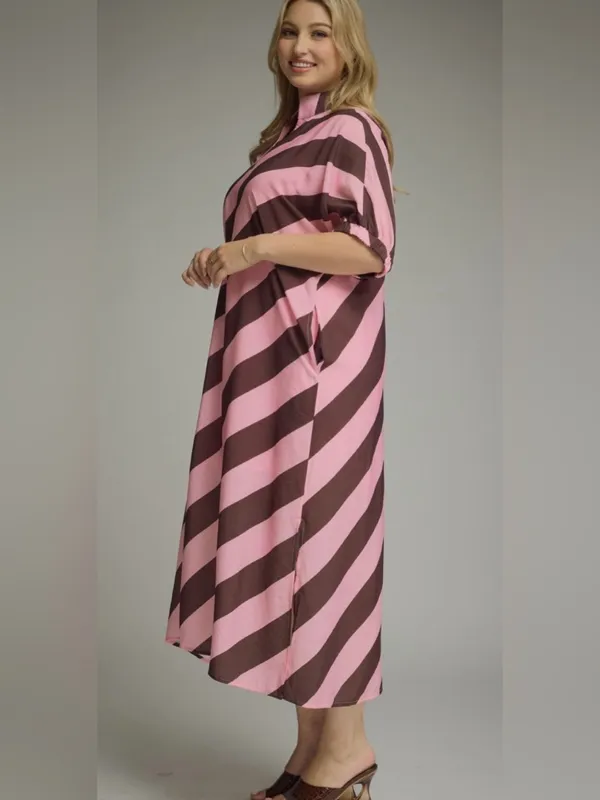 New!Entro Boutique Pink & Brown Pocket Diagonal Stripe Midi Dress Size 2X - Image 3