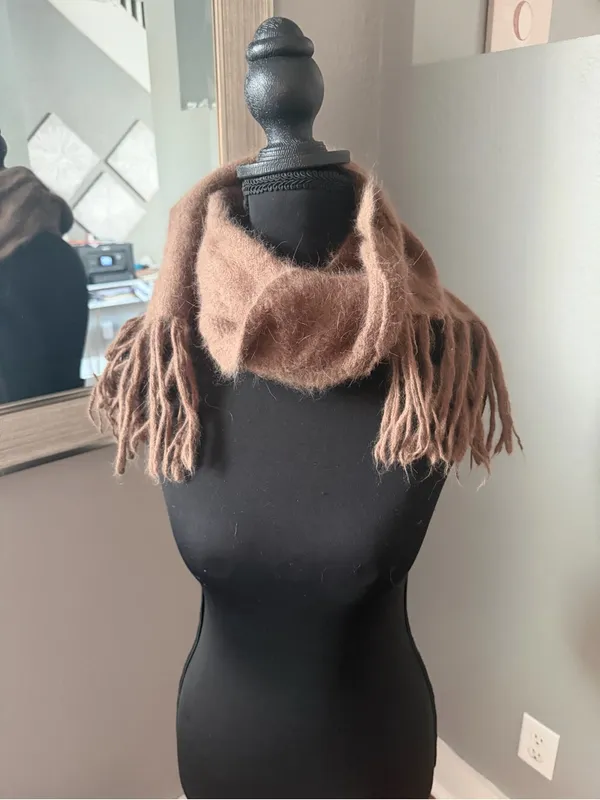 Women’s Rabbit Hair Blend Soft Cozy Brown Neck Scarf Fringe - Image 3