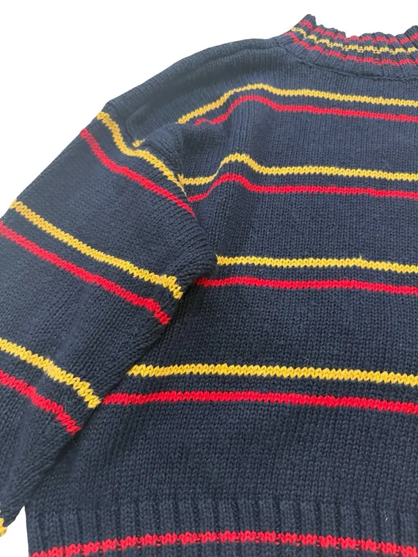 Lizwear Navy Red Gold Striped Argyle Mock Neck Sweater Colorblock Large Women's - Image 9