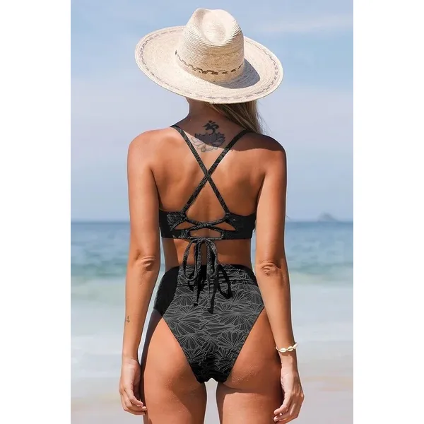 Cupshe Black Floral Jacquard Scalloped Bralette & High Waist Bikini Set Large - Image 11