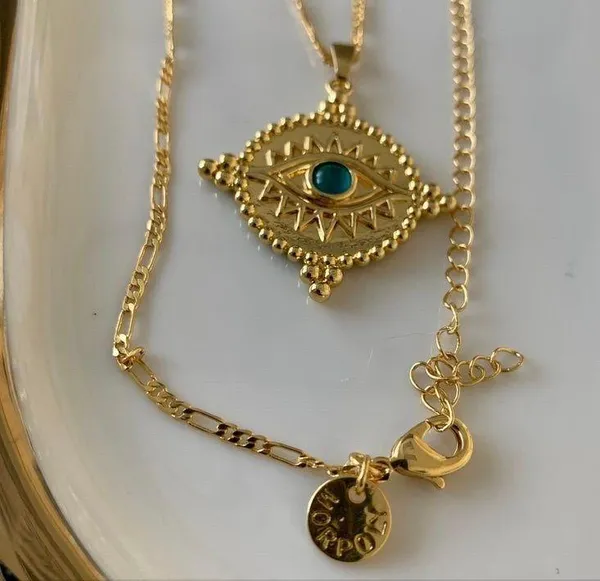 Eye Of Horus Circle Pendant w/ Four Points Necklace - Minimalist 18K Gold - Image 3