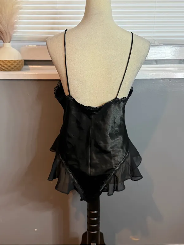 Black Satin Lace-Trim Camisole Slip with Sheer Ruffle Hem - Image 6