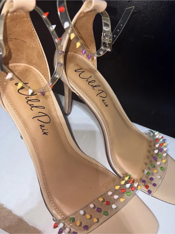NWOT Nude Patent High Heels with Clear Studded Straps Tan Size 9 - Image 2