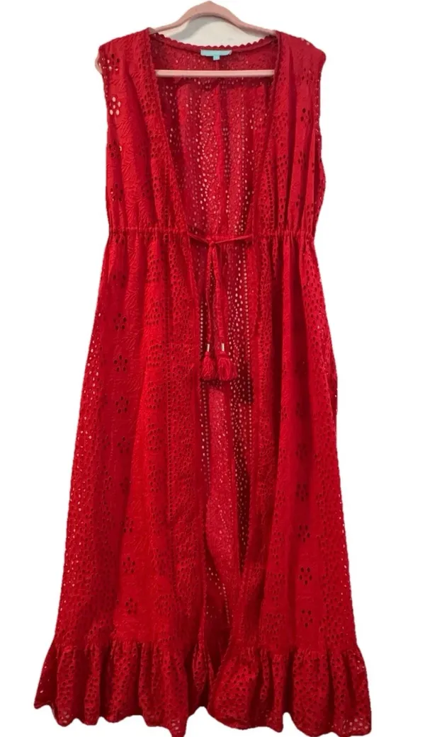 Melissa Odabash Tessa red cotton eyelet midi beach dress, size Small - Image 3