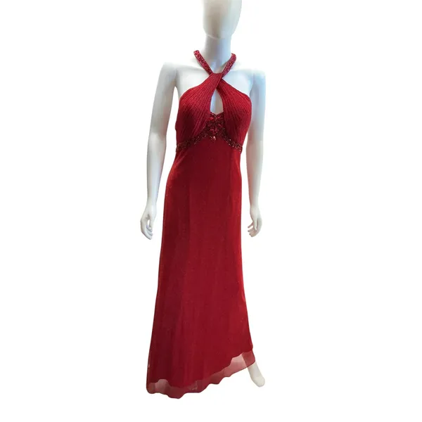 May Queen Couture Red Glitter Beaded Halter Keyhole Evening Gown‎ Dress 10 - Image 3