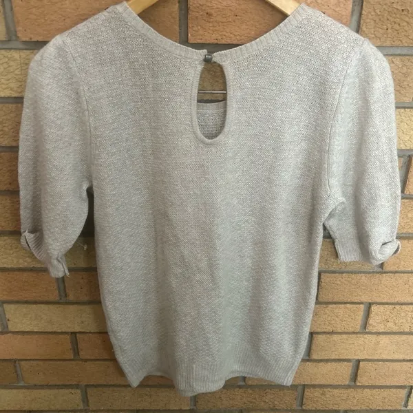 Free People Peter Pan Beaded Collar Sweater Top Size Medium Gray/Beige - Image 4