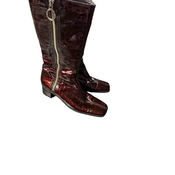 Aquatalia Croc Embossed Patent Leather Square Toe Mid Calf Boots - Image 2