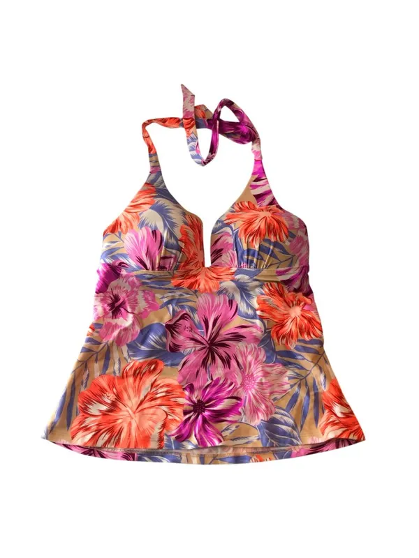 Salt + Cove Hot Hibiscus Halterkini Tankini Swim Top Floral Pink Orange S - Image 4