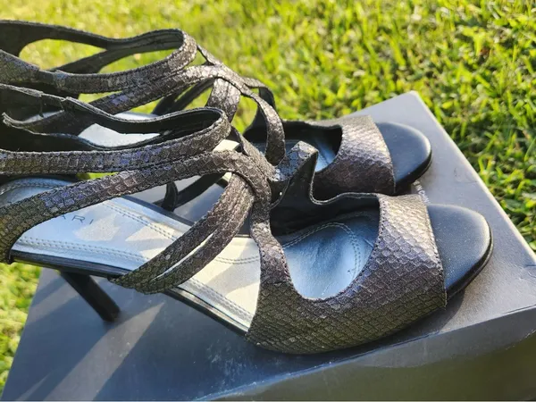 Tahari Metallic Pewter Open-Toe Strappy Heels - Image 7