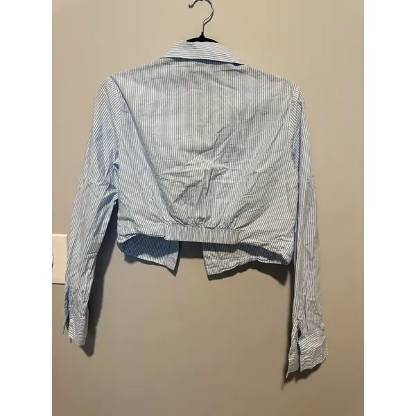 Stradivarius Women Blue White Striped Cropped Cotton Button Down Shirt Size M - Image 4